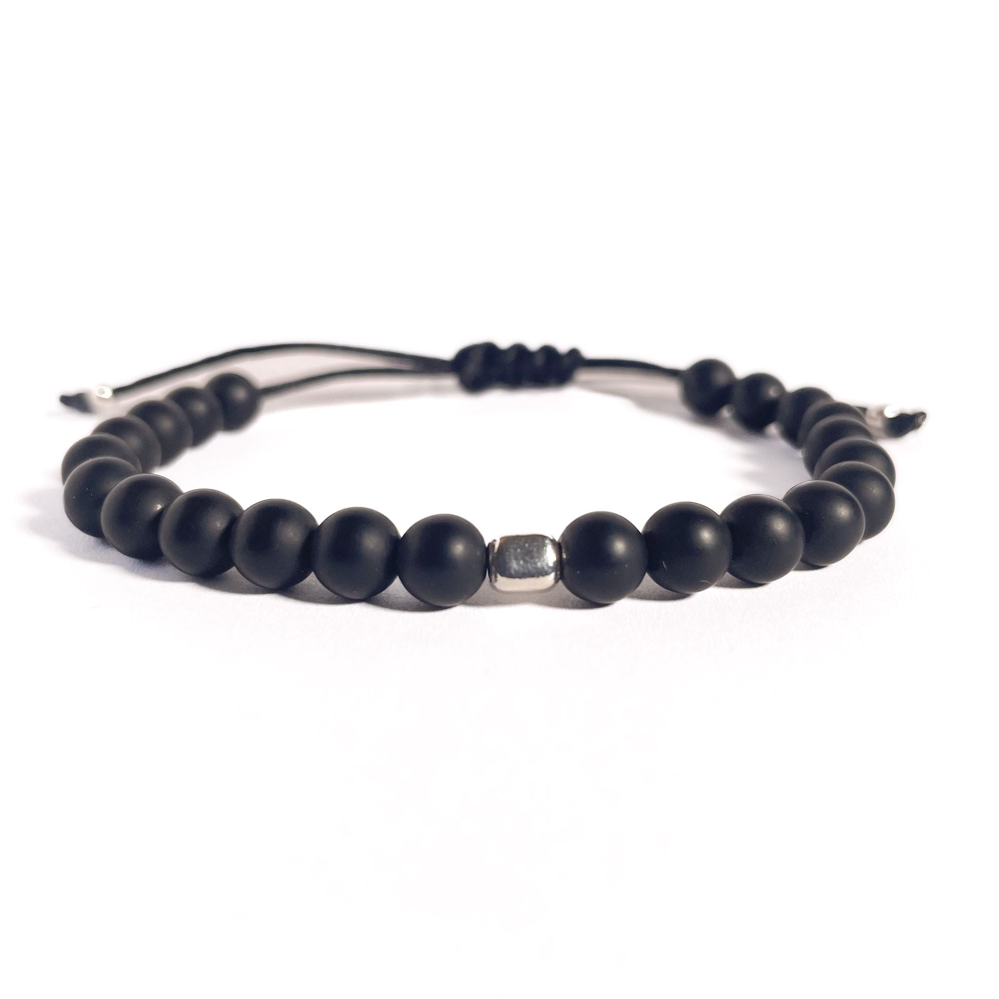 Brățară Onix Mat 6 mm cu bilă din argint 925 pe șnur reglabil negru